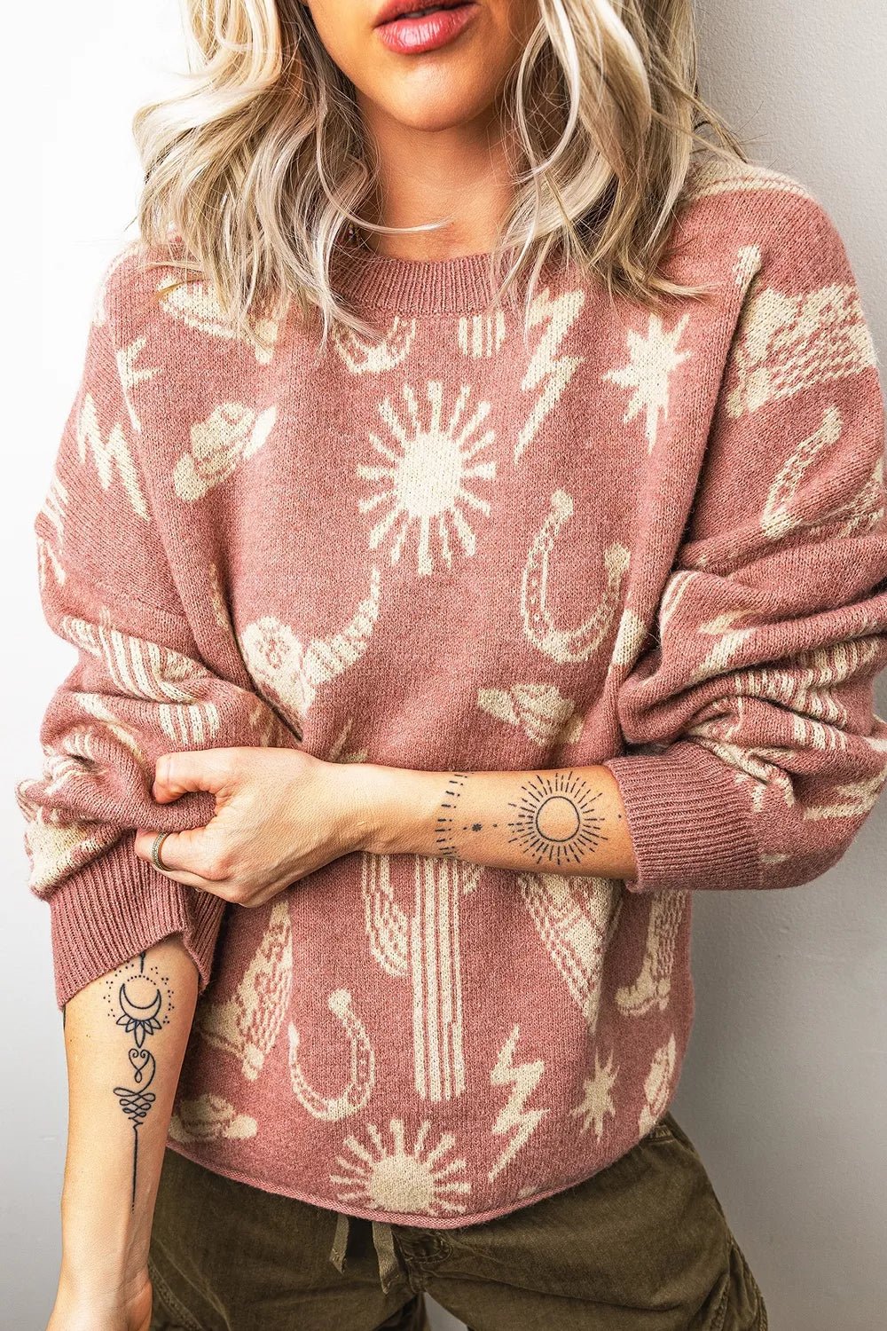 Western Graphic Round Neck Sweater - TheMomCo.