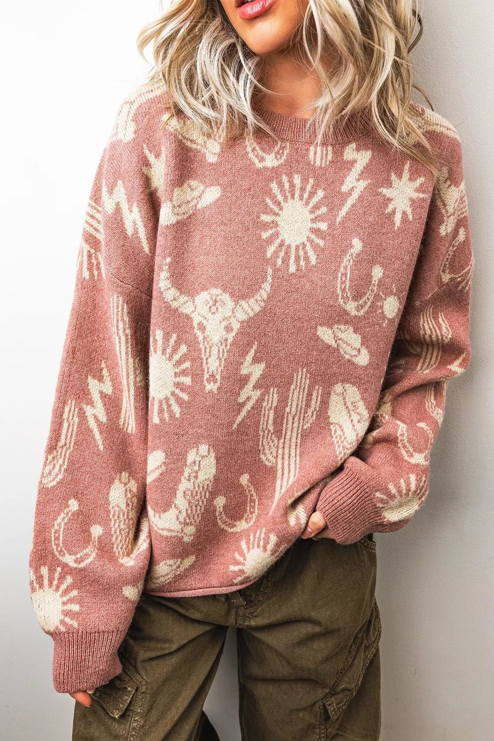 Western Graphic Round Neck Sweater - TheMomCo.