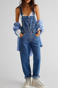 Wide Strap Square Neck Denim Overalls - TheMomCo.