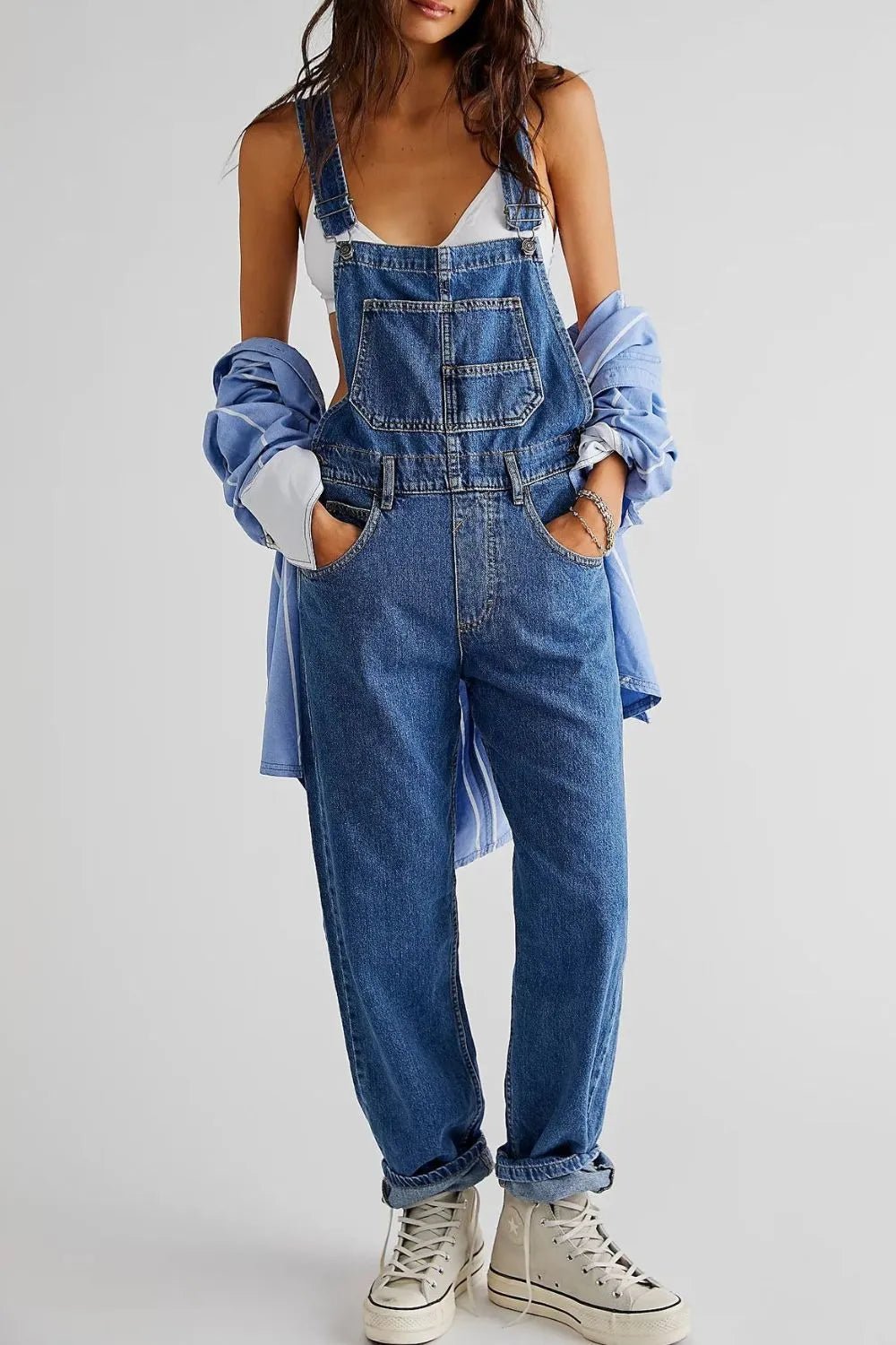 Wide Strap Square Neck Denim Overalls - TheMomCo.