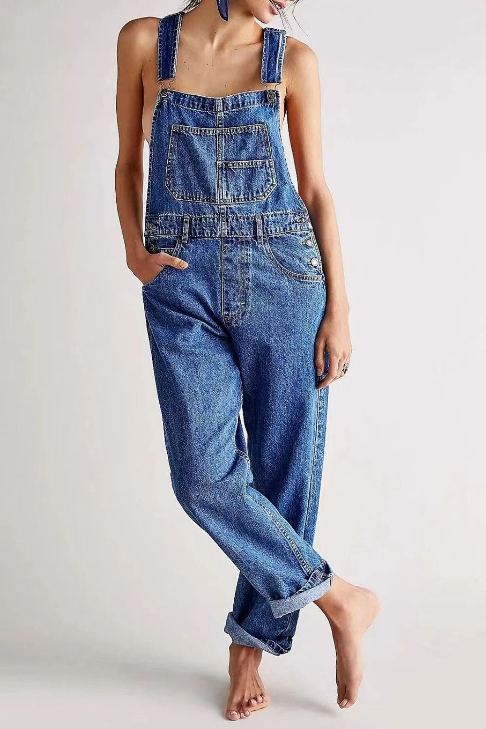 Wide Strap Square Neck Denim Overalls - TheMomCo.