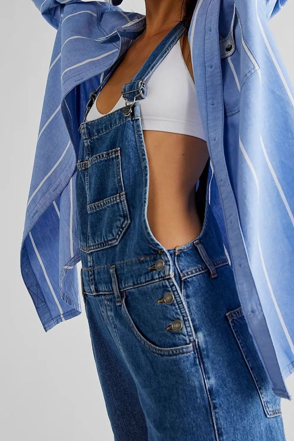 Wide Strap Square Neck Denim Overalls - TheMomCo.