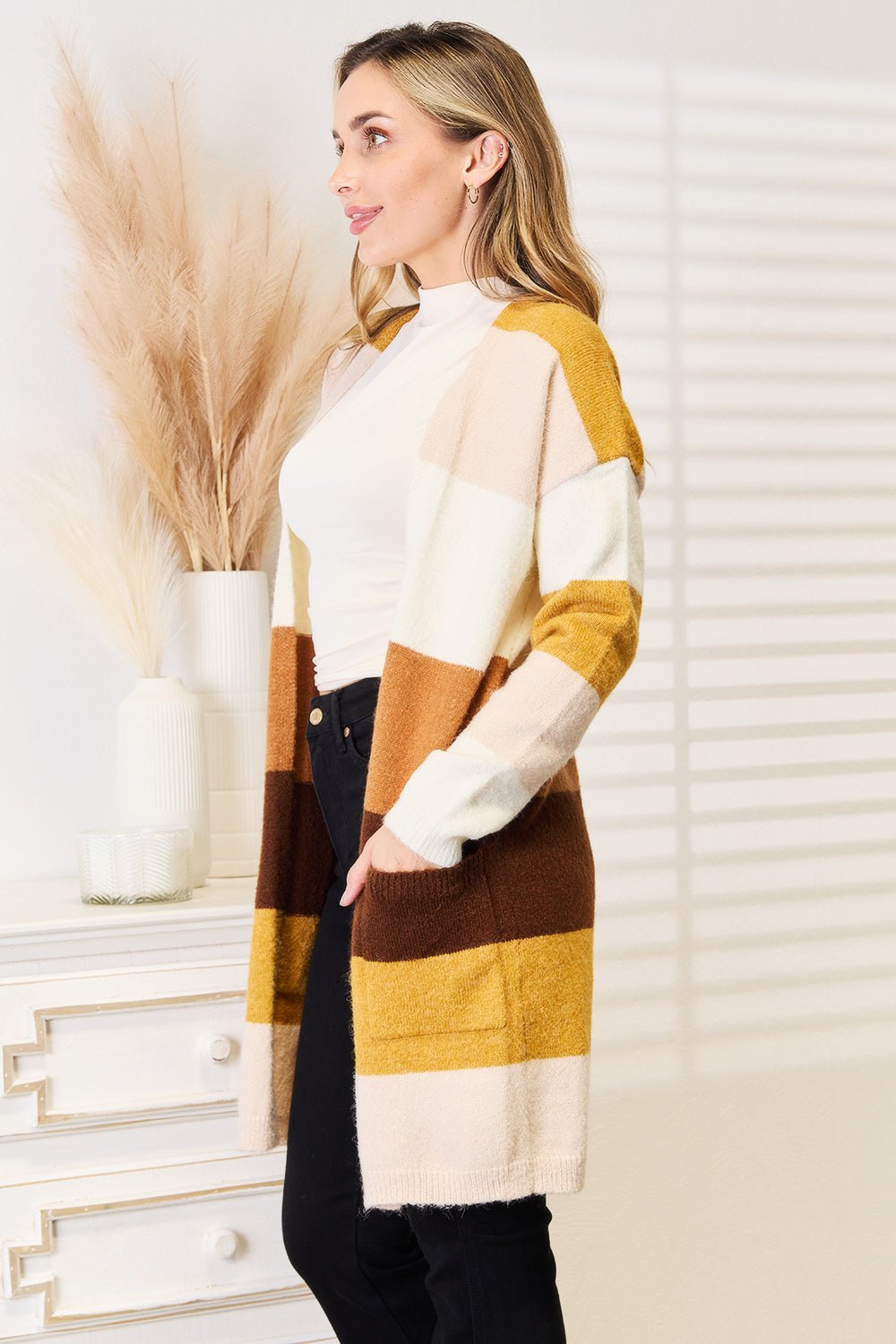 Woven Right Color Block Dropped Shoulder Cardigan - TheMomCo.