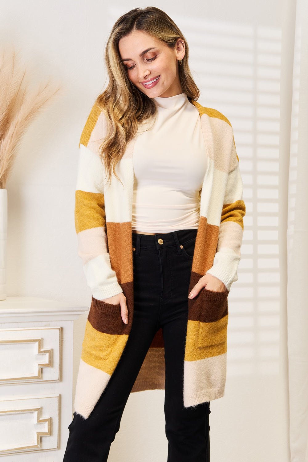 Woven Right Color Block Dropped Shoulder Cardigan - TheMomCo.