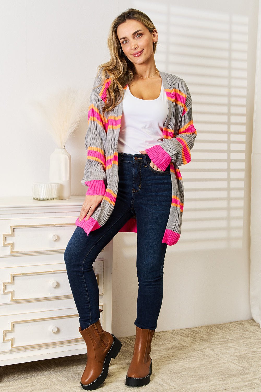 Woven Right Ribbed Long Sleeve Cardigan - TheMomCo.