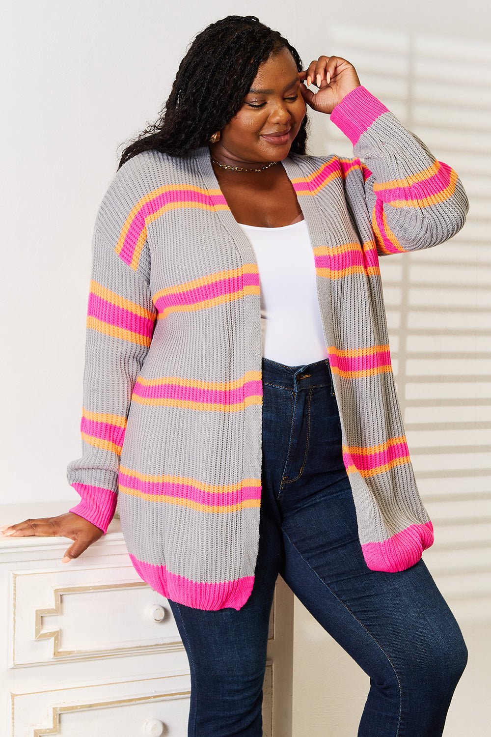 Woven Right Ribbed Long Sleeve Cardigan - TheMomCo.