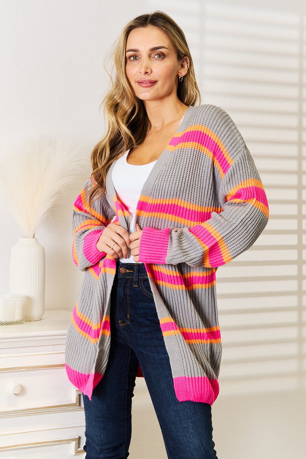 Woven Right Ribbed Long Sleeve Cardigan - TheMomCo.
