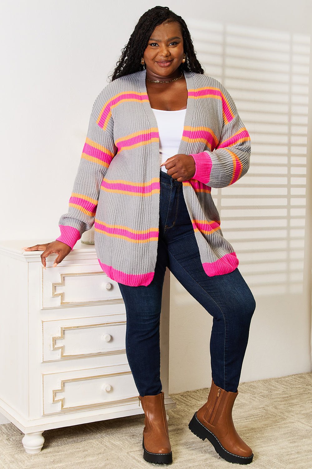 Woven Right Ribbed Long Sleeve Cardigan - TheMomCo.