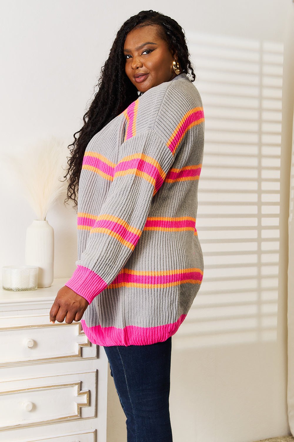 Woven Right Ribbed Long Sleeve Cardigan - TheMomCo.