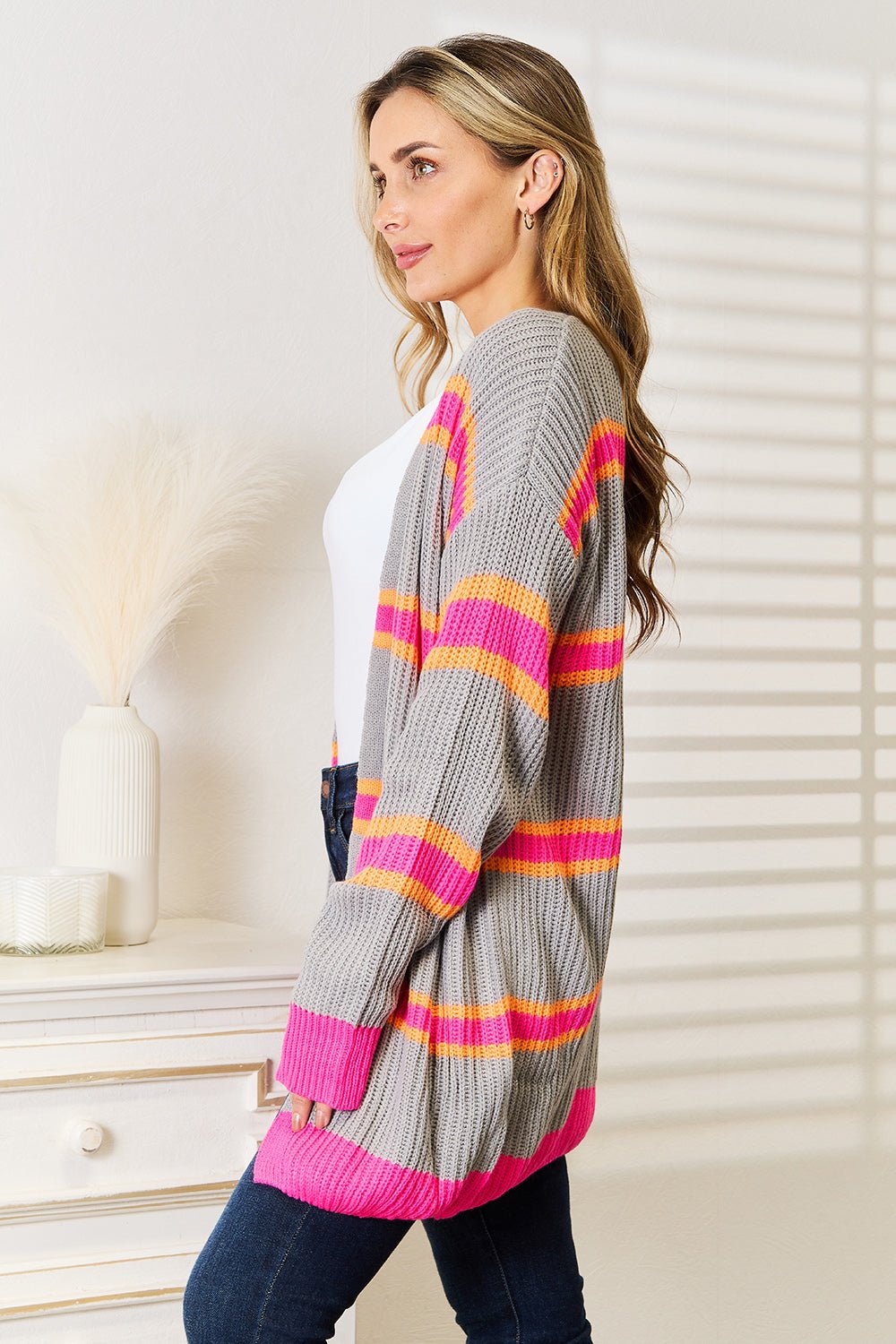Woven Right Ribbed Long Sleeve Cardigan - TheMomCo.