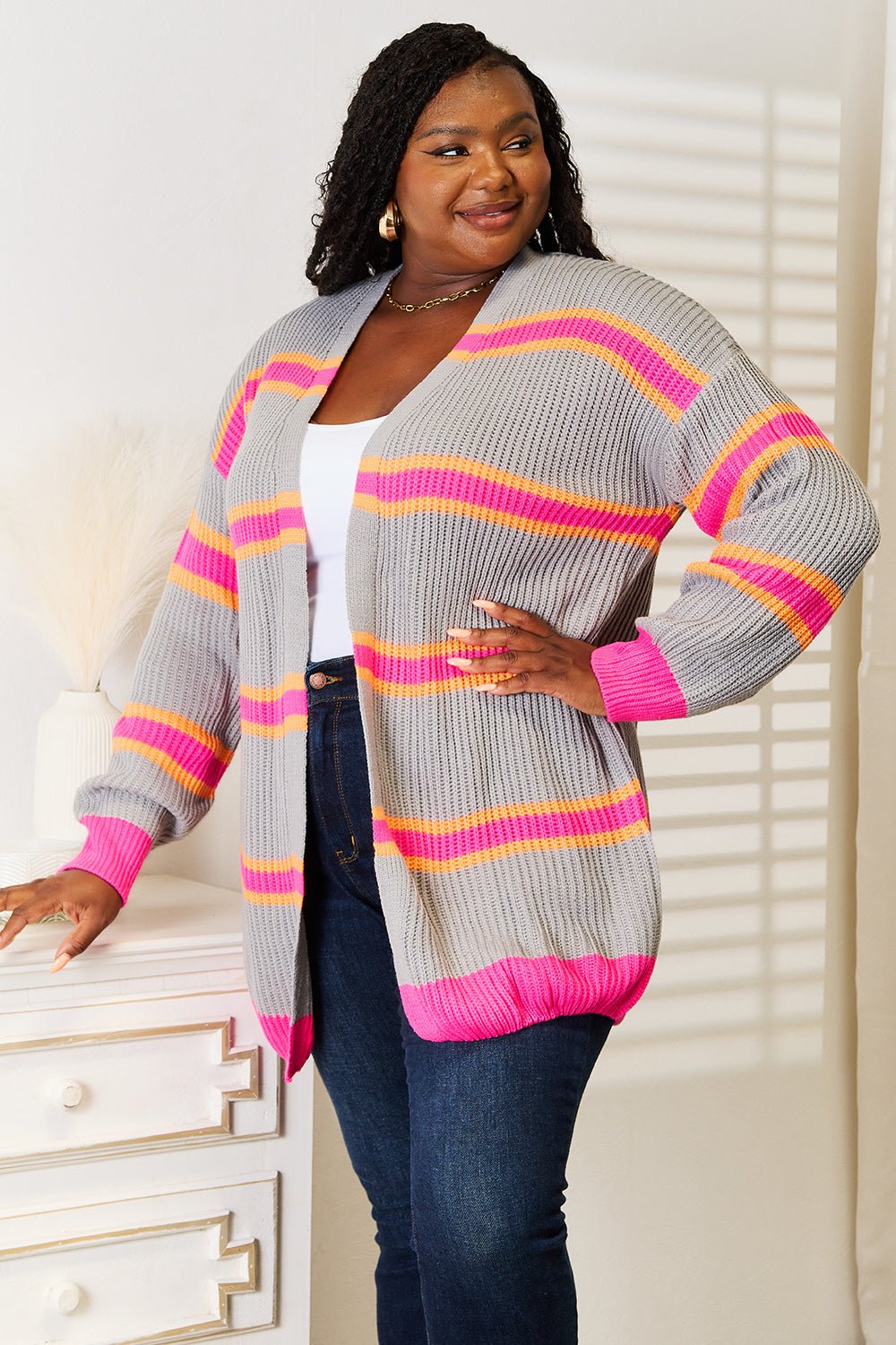 Woven Right Ribbed Long Sleeve Cardigan - TheMomCo.