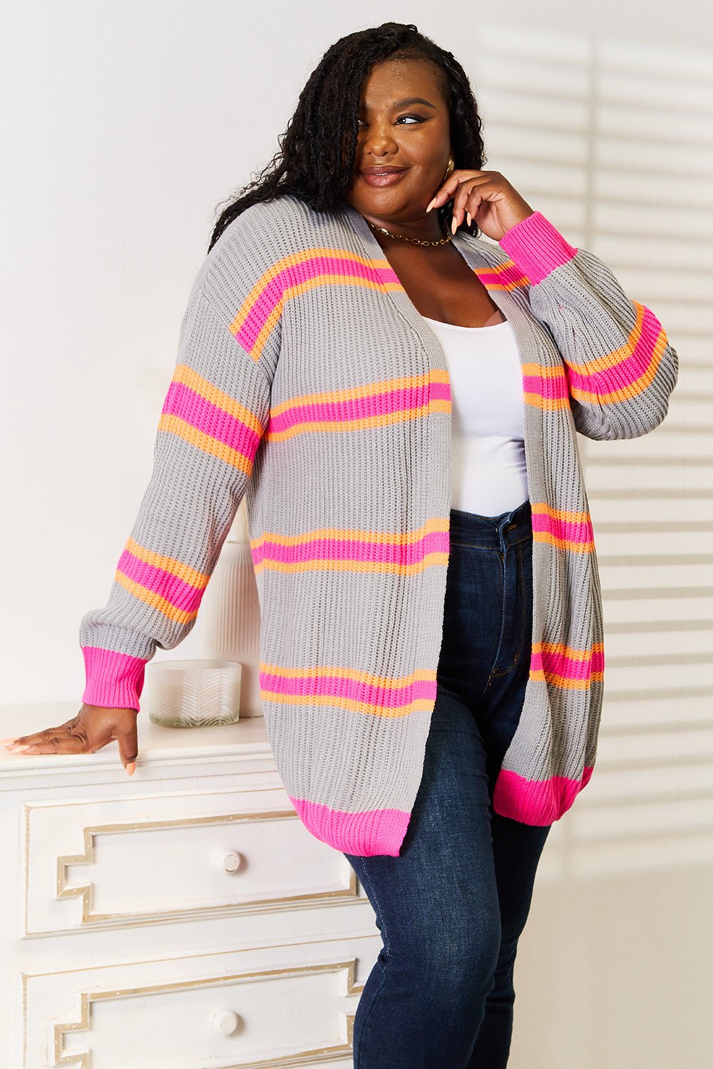 Woven Right Ribbed Long Sleeve Cardigan - TheMomCo.