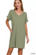 Zenana Brushed Dty Rolled Short Sleeve V-Neck Dress - TheMomCo.