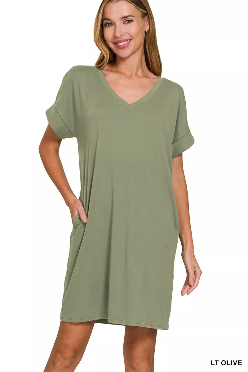 Zenana Brushed Dty Rolled Short Sleeve V-Neck Dress - TheMomCo.