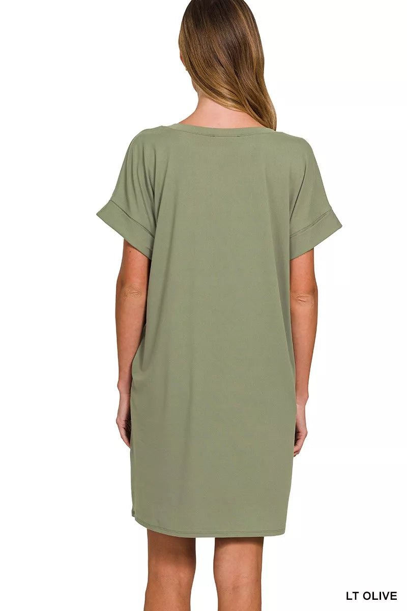 Zenana Brushed Dty Rolled Short Sleeve V-Neck Dress - TheMomCo.