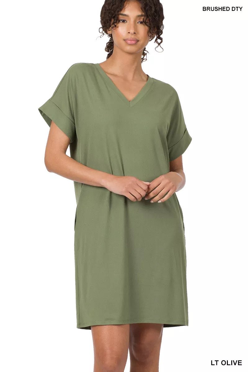 Zenana Brushed Dty Rolled Short Sleeve V-Neck Dress - TheMomCo.
