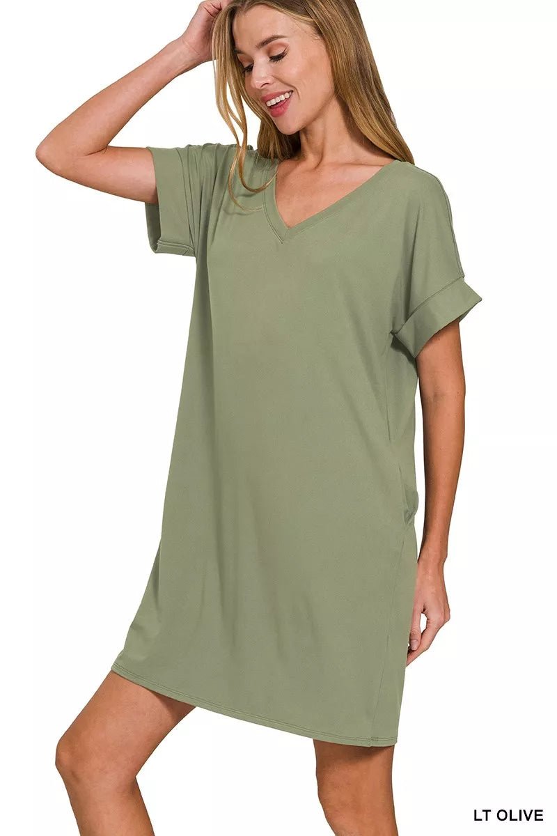 Zenana Brushed Dty Rolled Short Sleeve V-Neck Dress - TheMomCo.