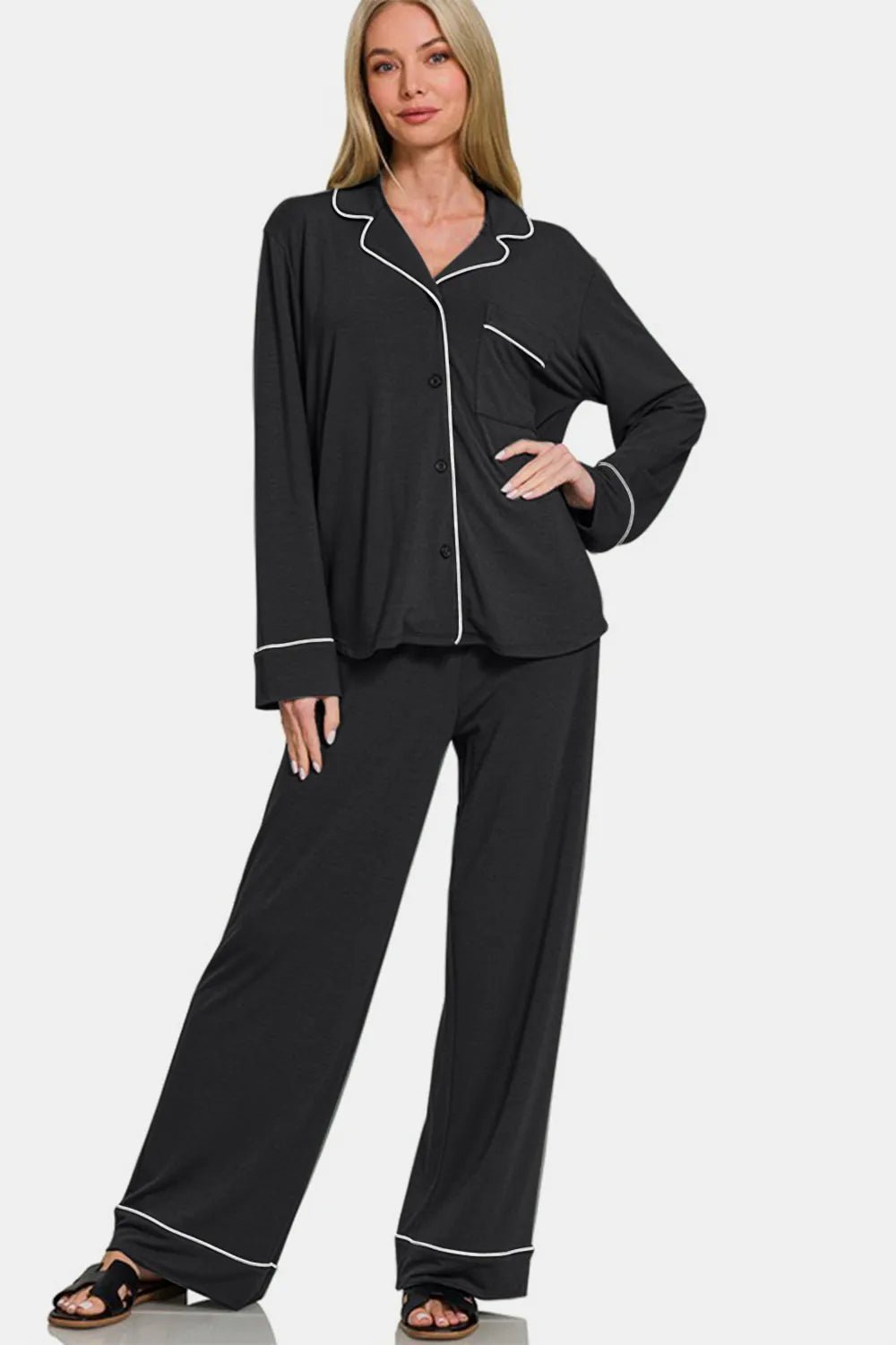 Zenana Button Down Long Sleeve Top and Pants Lounge Set - TheMomCo.