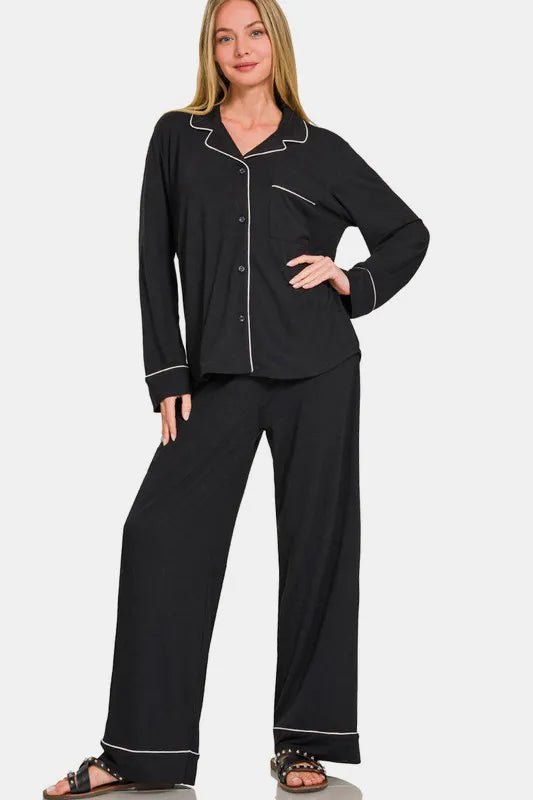 Zenana Button Down Long Sleeve Top and Pants Lounge Set - TheMomCo.