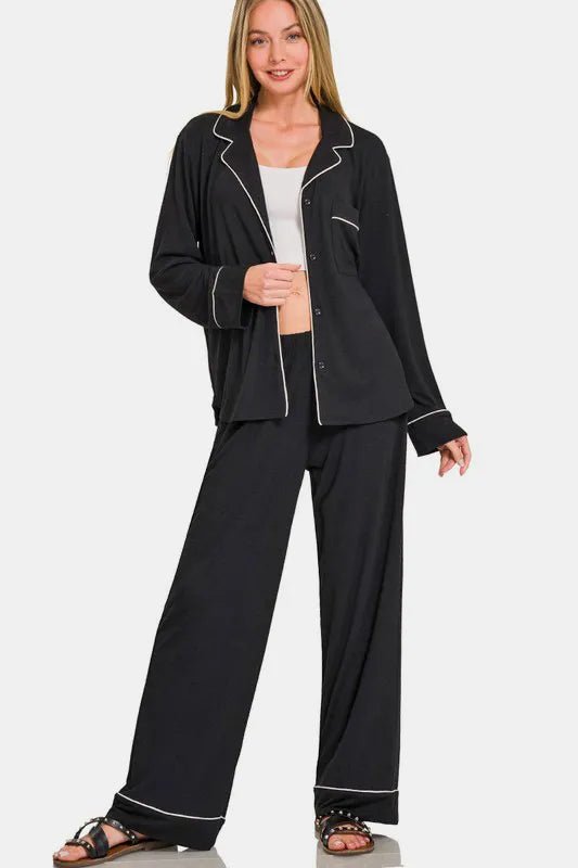 Zenana Button Down Long Sleeve Top and Pants Lounge Set - TheMomCo.