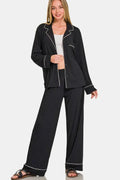 Zenana Button Down Long Sleeve Top and Pants Lounge Set - TheMomCo.