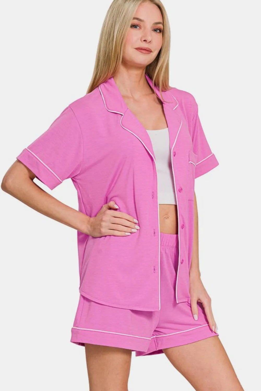 Zenana Button Down Short Sleeve Top and Shorts Lounge Set - TheMomCo.