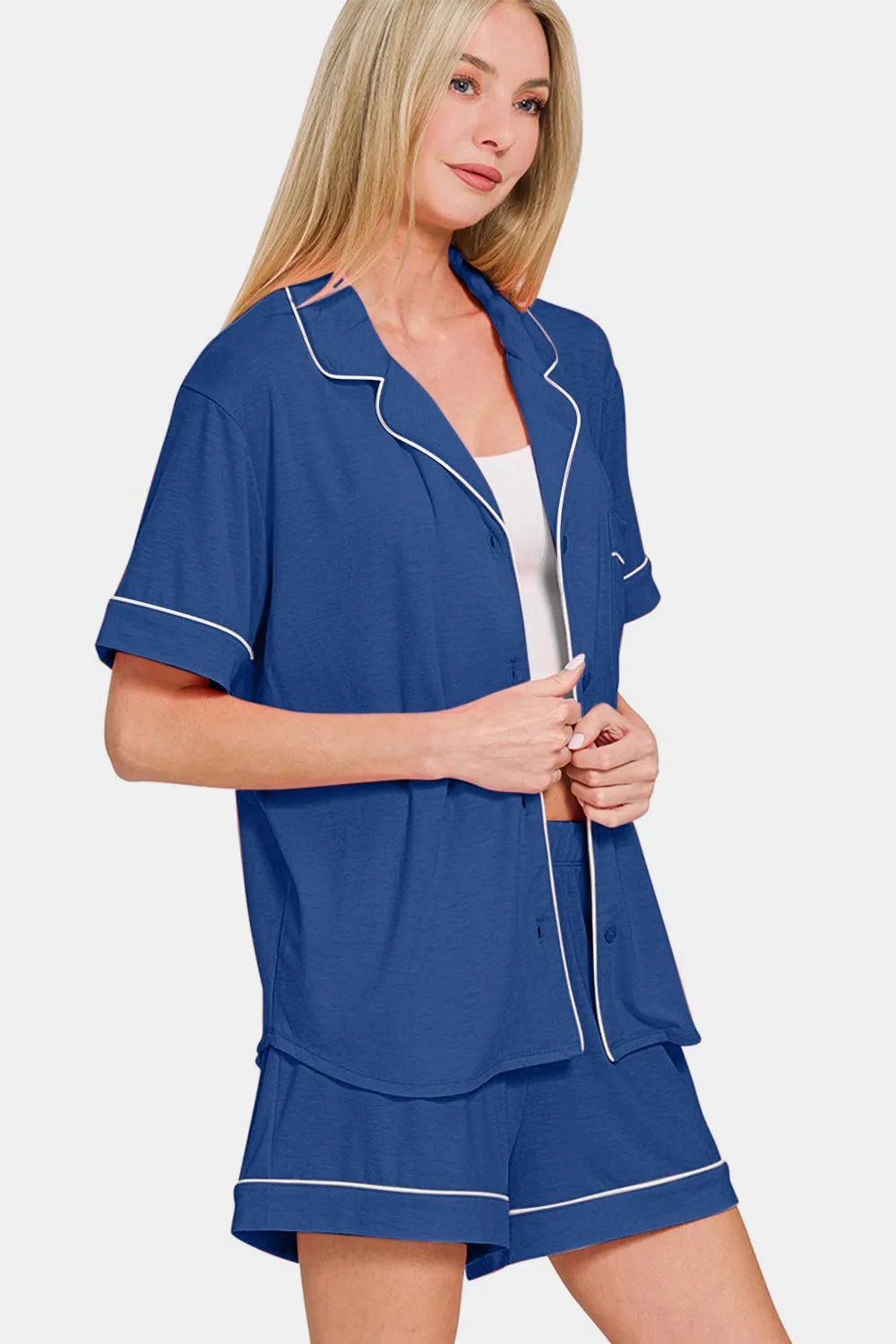 Zenana Button Down Short Sleeve Top and Shorts Lounge Set - TheMomCo.