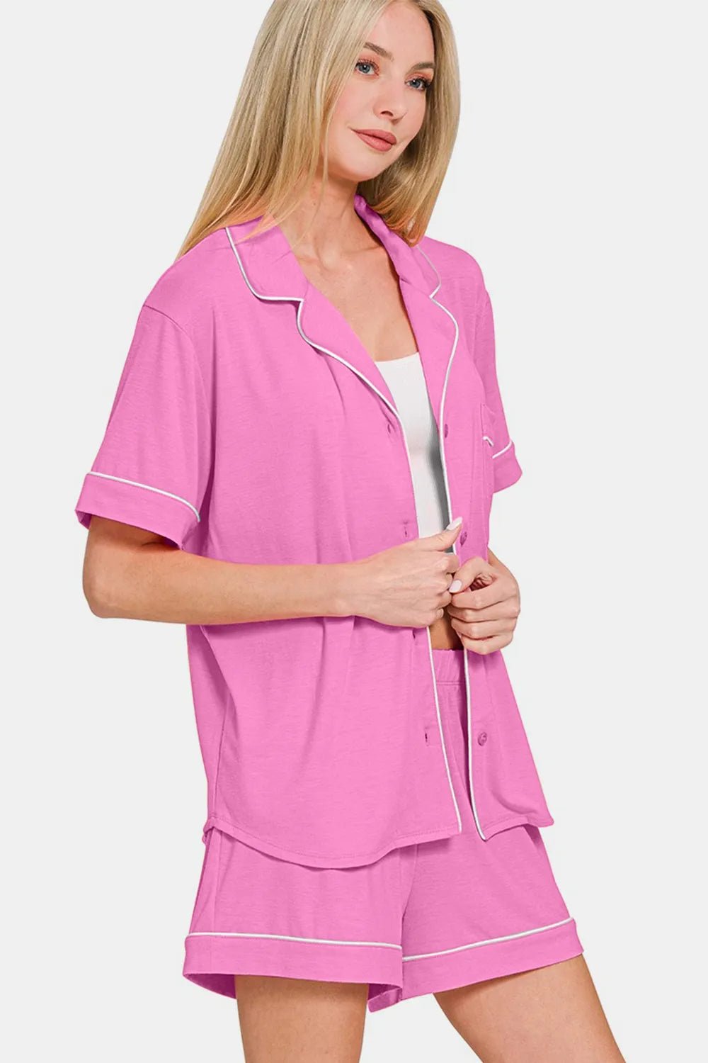 Zenana Button Down Short Sleeve Top and Shorts Lounge Set - TheMomCo.