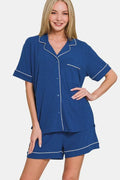 Zenana Button Down Short Sleeve Top and Shorts Lounge Set - TheMomCo.