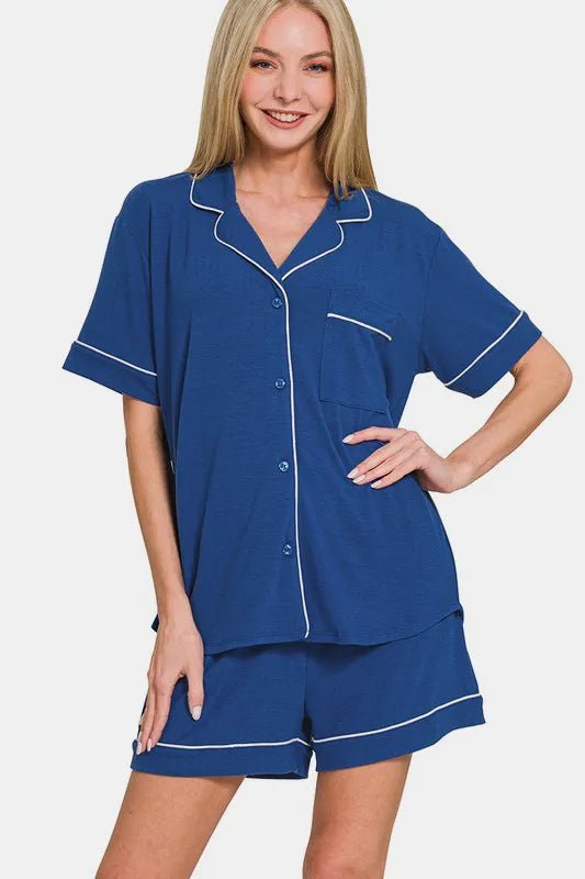 Zenana Button Down Short Sleeve Top and Shorts Lounge Set - TheMomCo.