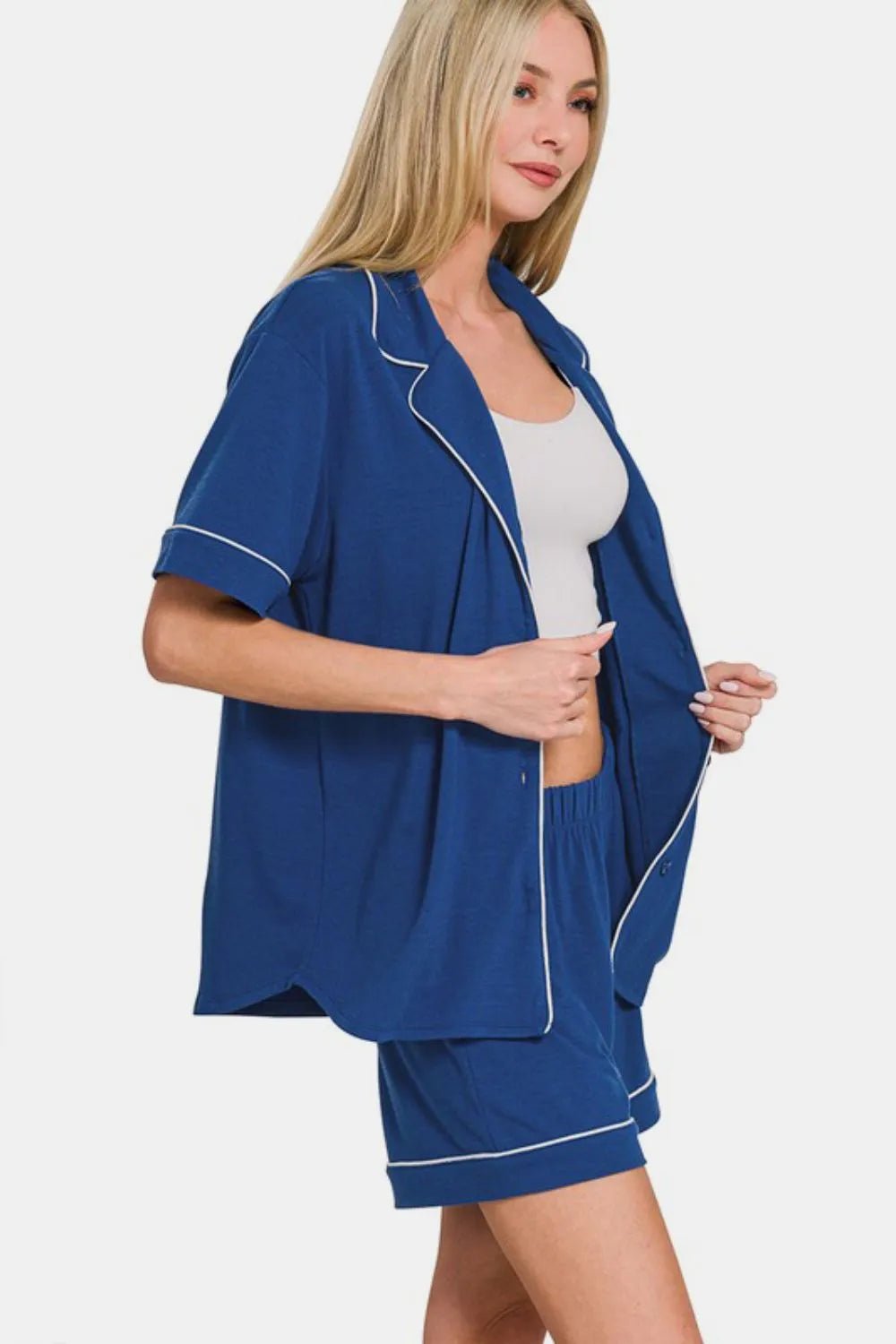Zenana Button Down Short Sleeve Top and Shorts Lounge Set - TheMomCo.
