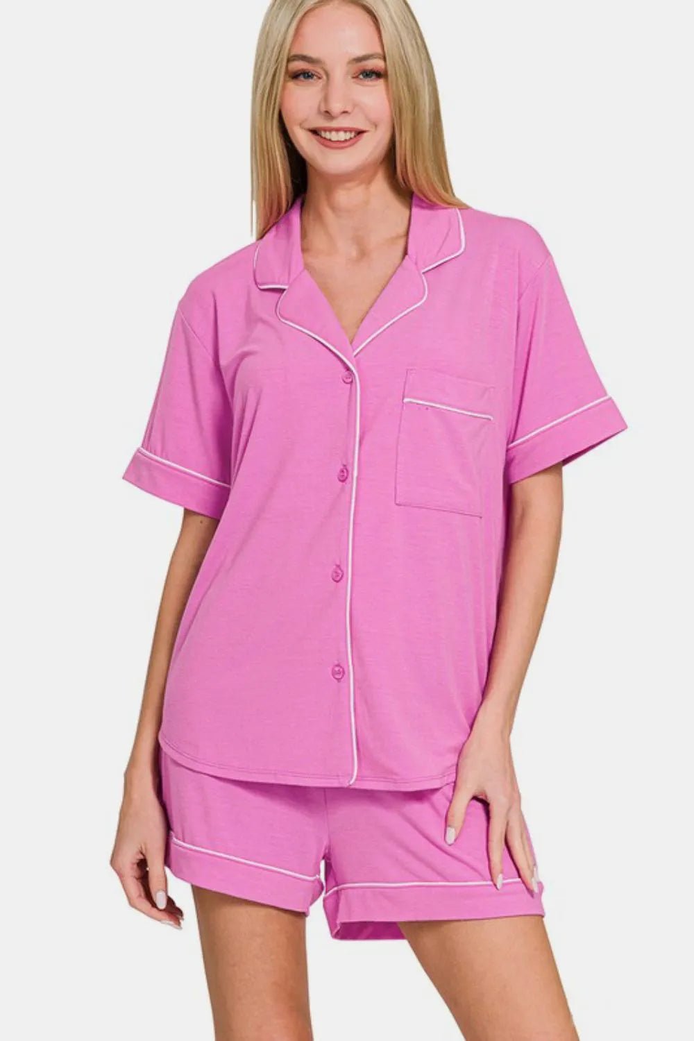 Zenana Button Down Short Sleeve Top and Shorts Lounge Set - TheMomCo.