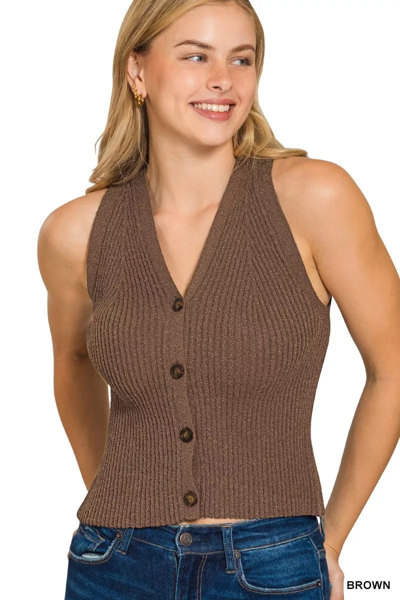 Zenana Ribbed Knit Button-Down Sweater Vest - TheMomCo.