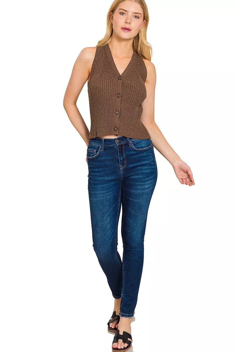 Zenana Ribbed Knit Button-Down Sweater Vest - TheMomCo.