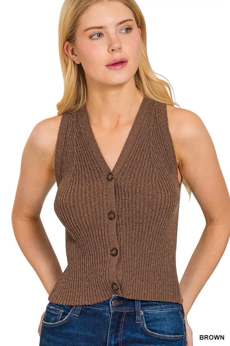 Zenana Ribbed Knit Button-Down Sweater Vest - TheMomCo.