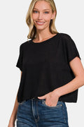 Zenana Round Neck Short Sleeve Crop T-Shirt - TheMomCo.