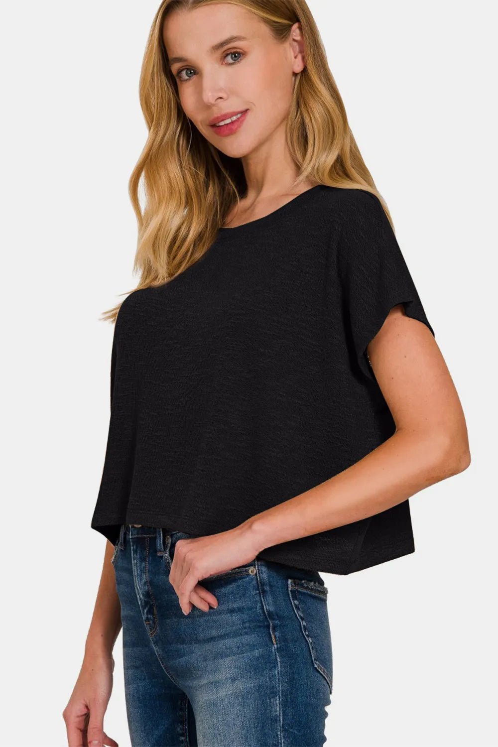 Zenana Round Neck Short Sleeve Crop T-Shirt - TheMomCo.