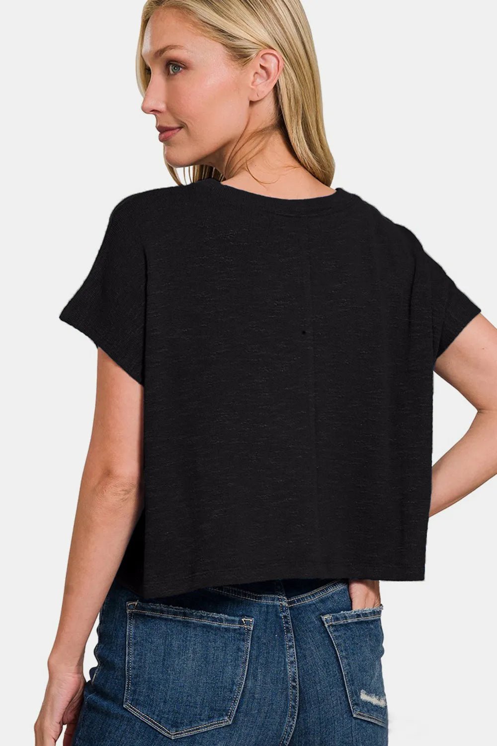 Zenana Round Neck Short Sleeve Crop T-Shirt - TheMomCo.