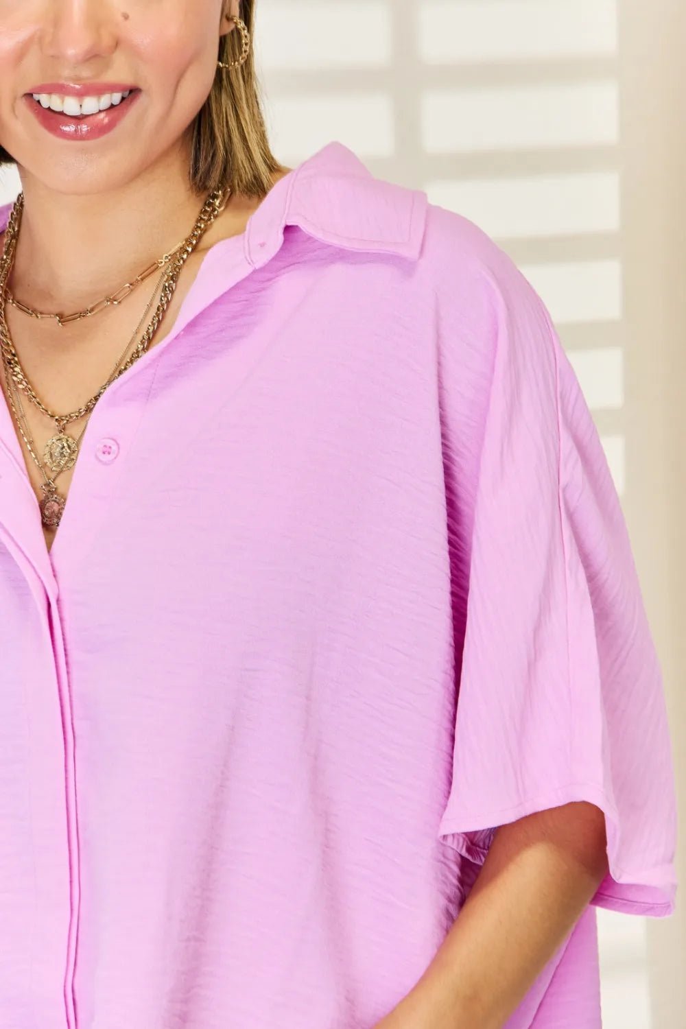 Zenana Texture Button Up Short Sleeve High-Low Shirt - TheMomCo.