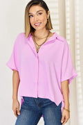 Zenana Texture Button Up Short Sleeve High-Low Shirt - TheMomCo.