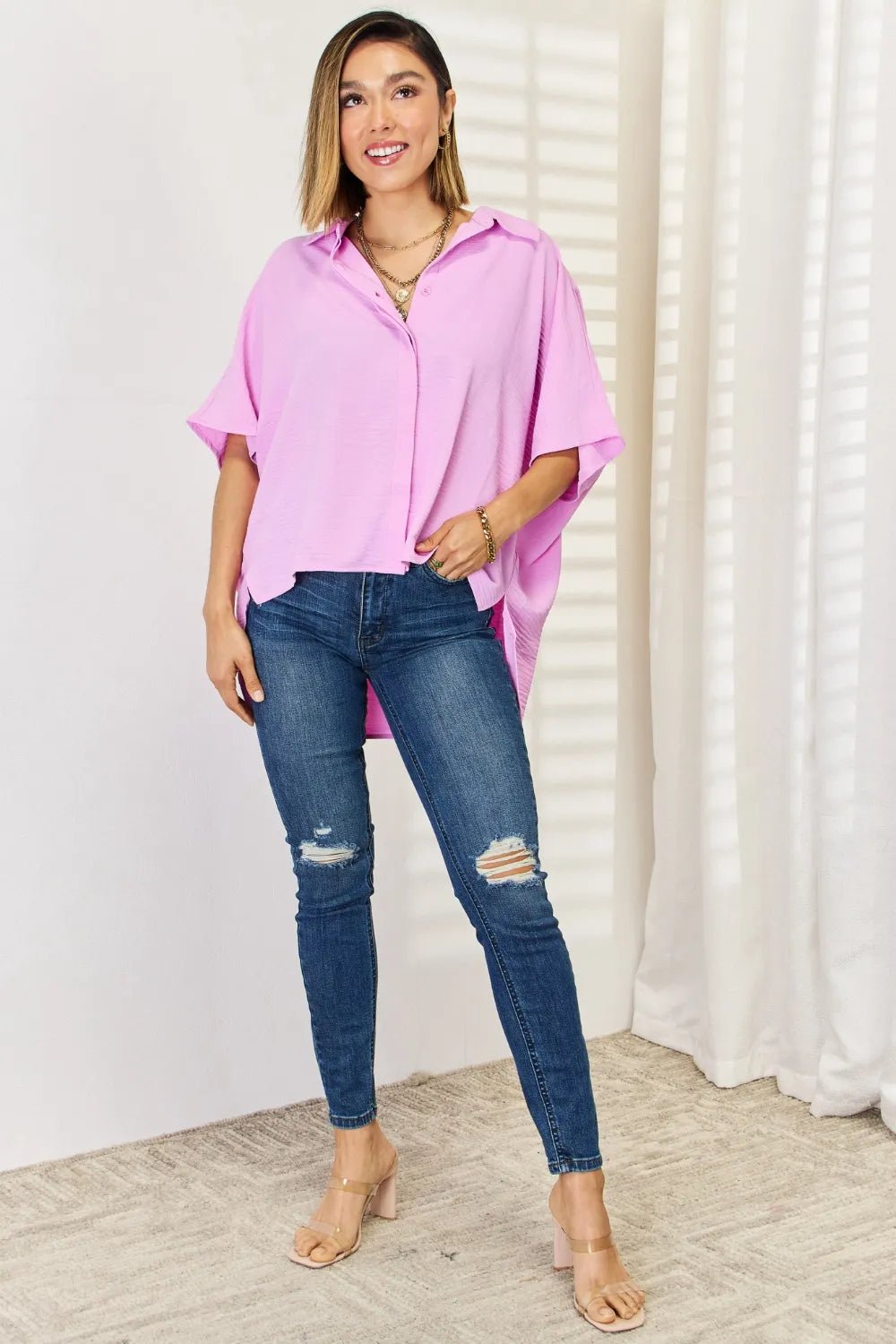 Zenana Texture Button Up Short Sleeve High-Low Shirt - TheMomCo.