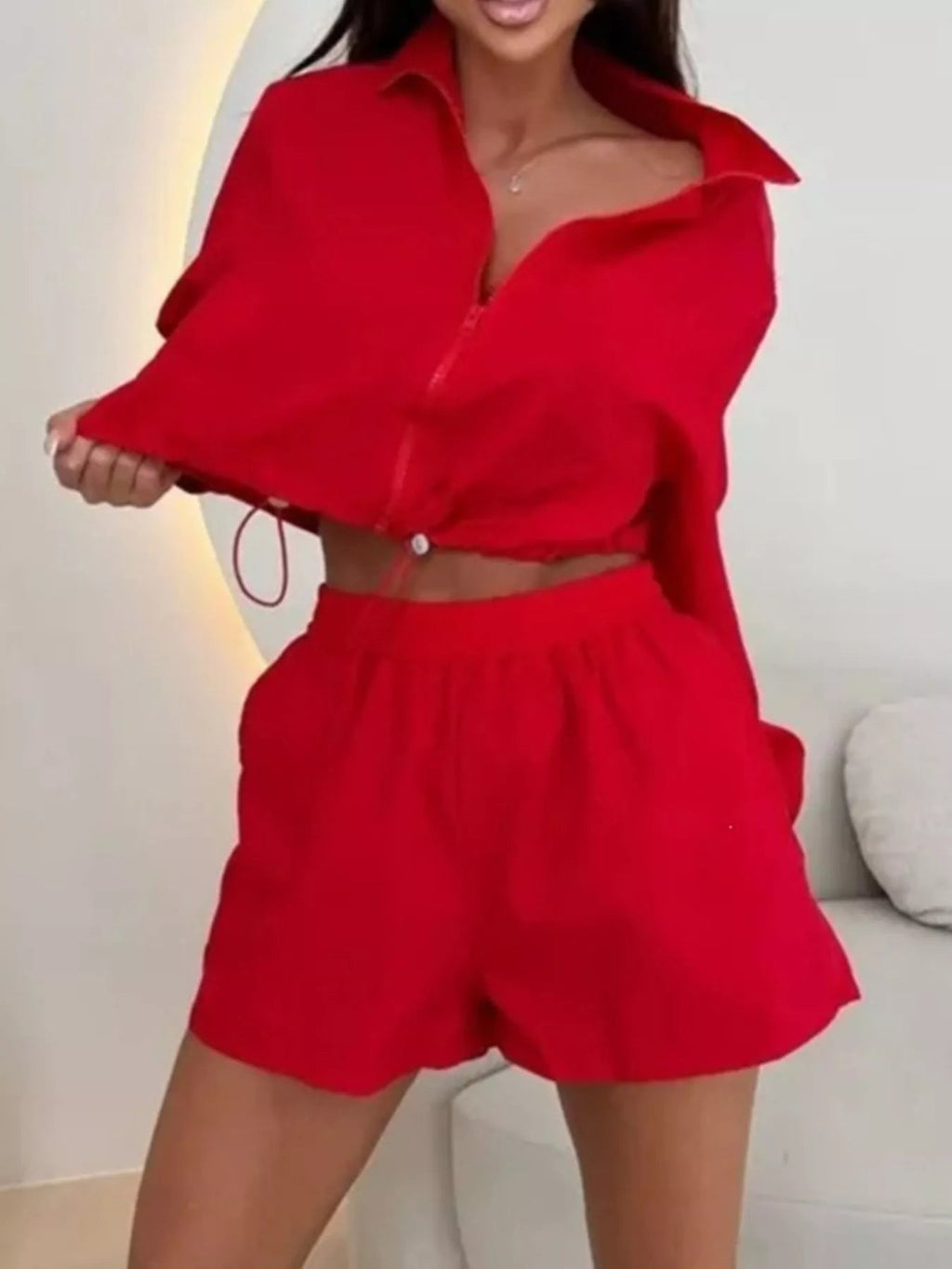 Zip-Up Crop Jacket and High-Waisted Shorts Set - TheMomCo.