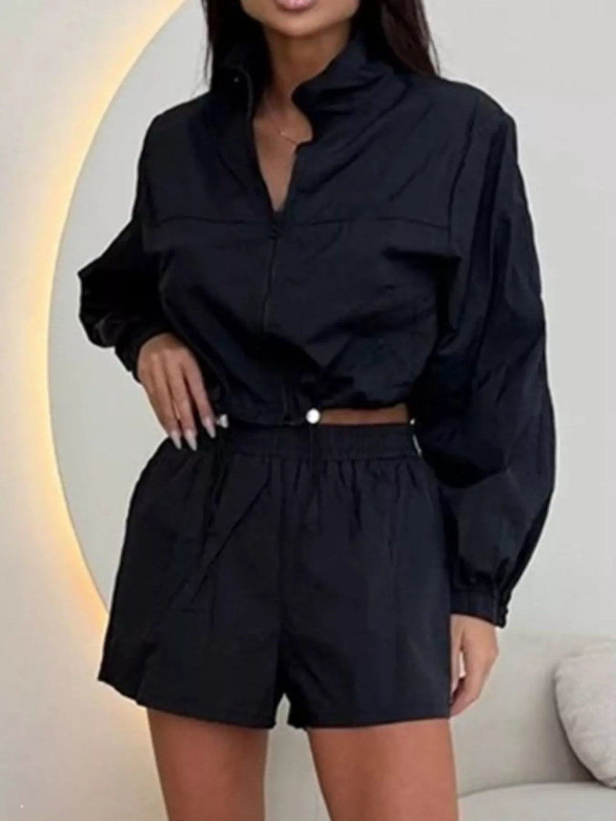 Zip-Up Crop Jacket and High-Waisted Shorts Set - TheMomCo.