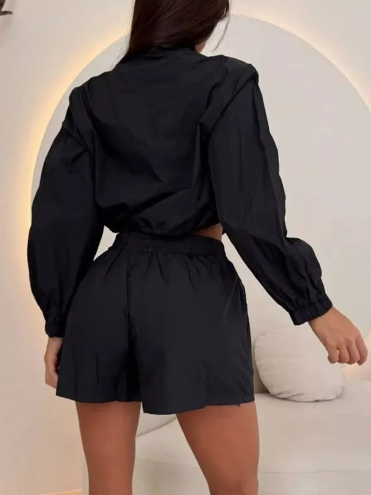 Zip-Up Crop Jacket and High-Waisted Shorts Set - TheMomCo.