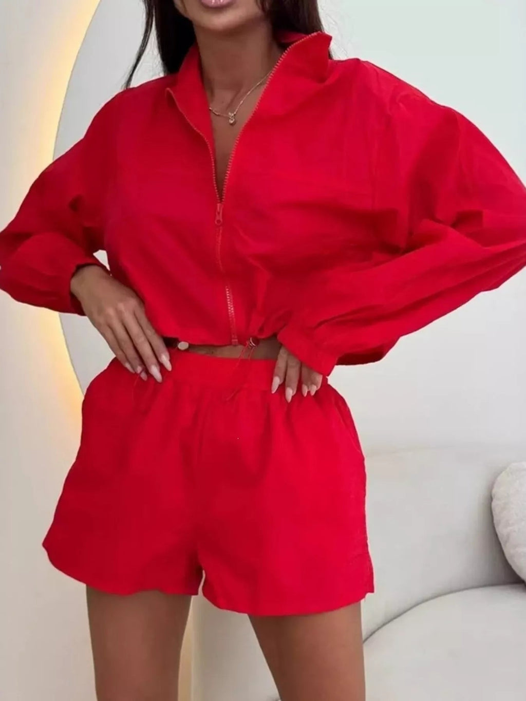 Zip-Up Crop Jacket and High-Waisted Shorts Set - TheMomCo.