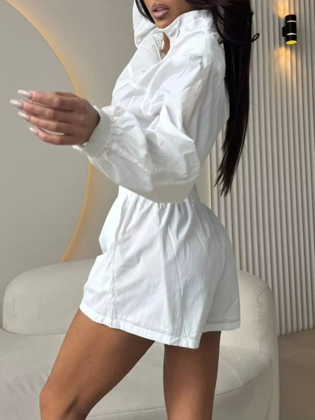 Zip-Up Crop Jacket and High-Waisted Shorts Set - TheMomCo.