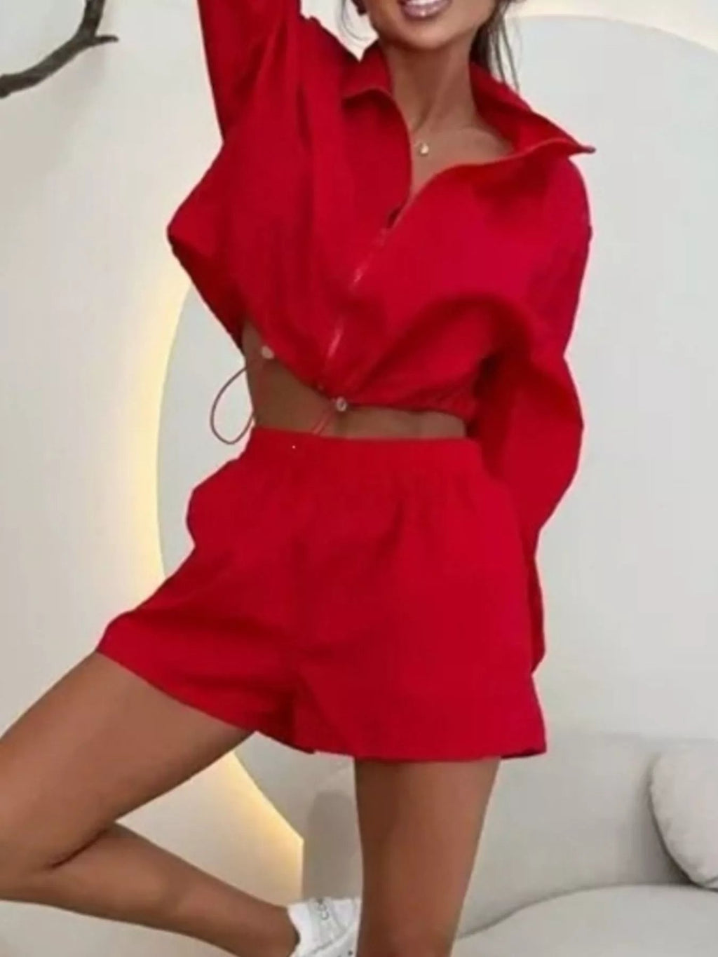 Zip-Up Crop Jacket and High-Waisted Shorts Set - TheMomCo.