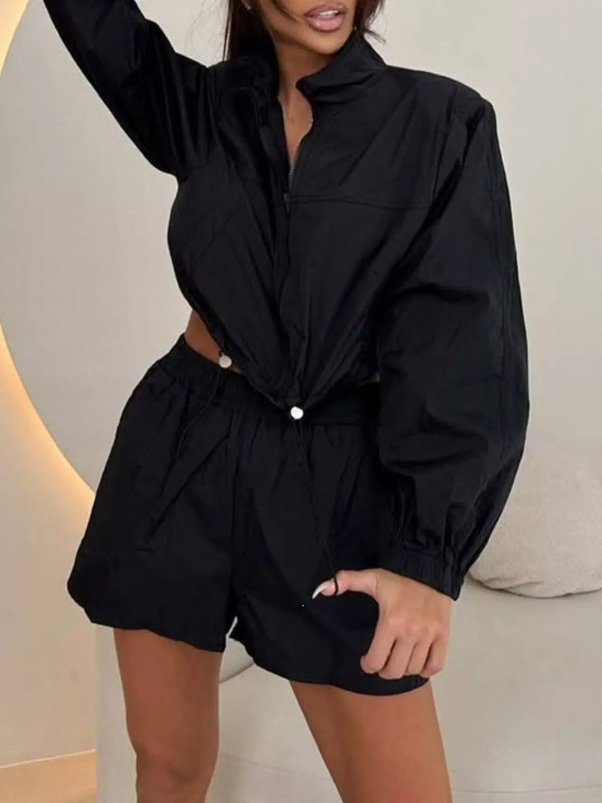 Zip-Up Crop Jacket and High-Waisted Shorts Set - TheMomCo.