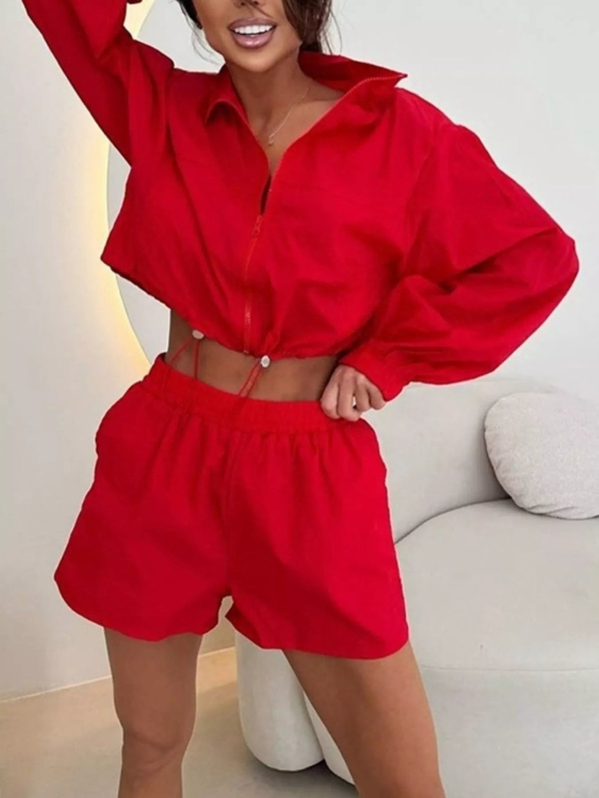 Zip-Up Crop Jacket and High-Waisted Shorts Set - TheMomCo.