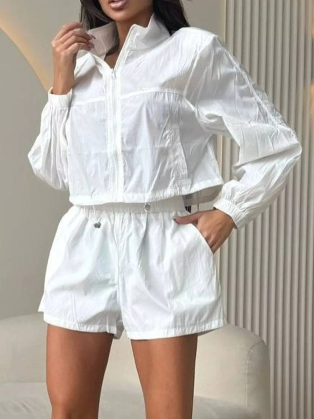 Zip-Up Crop Jacket and High-Waisted Shorts Set - TheMomCo.